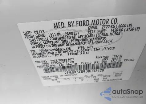 2013 Ford Flex Sel z USA, uszkodzony, nr VIN 2FMGK5C89DBD32428